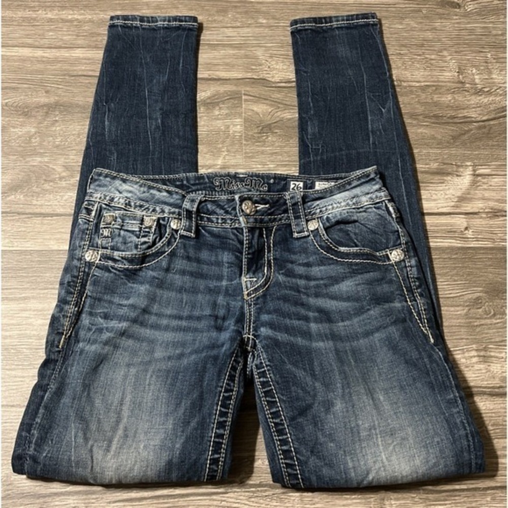 Miss Me Signature Embroidery Destroyed Pocket LowRise Skinny Jeans SZ 26 (28x31) - Picture 9 of 11